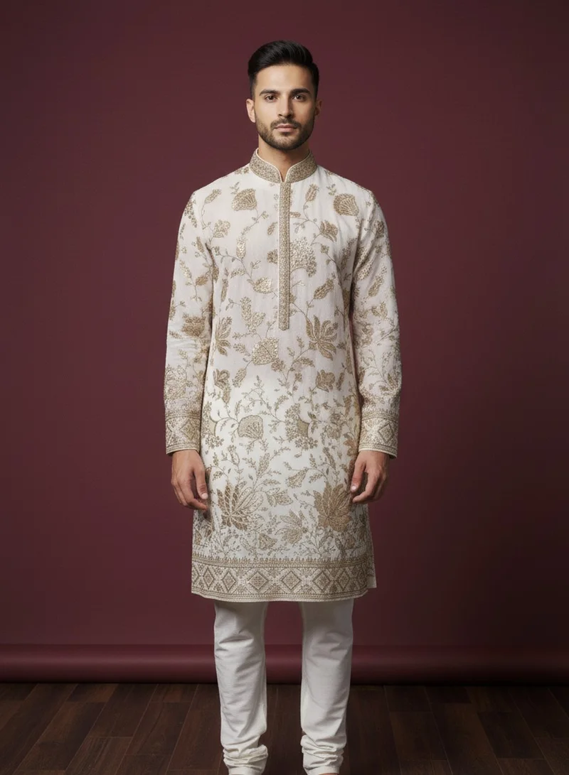 Lehar Ivory Embroidered Kurta with Golden Zari Detailing