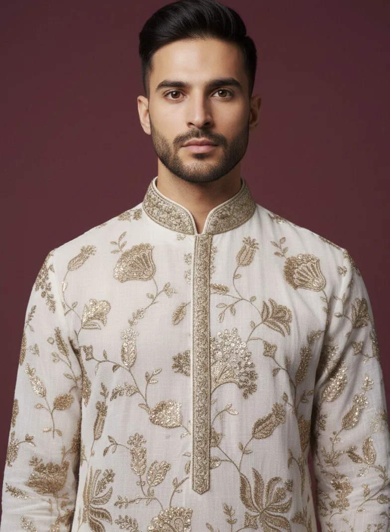 Lehar Ivory Embroidered Kurta with Golden Zari Detailing