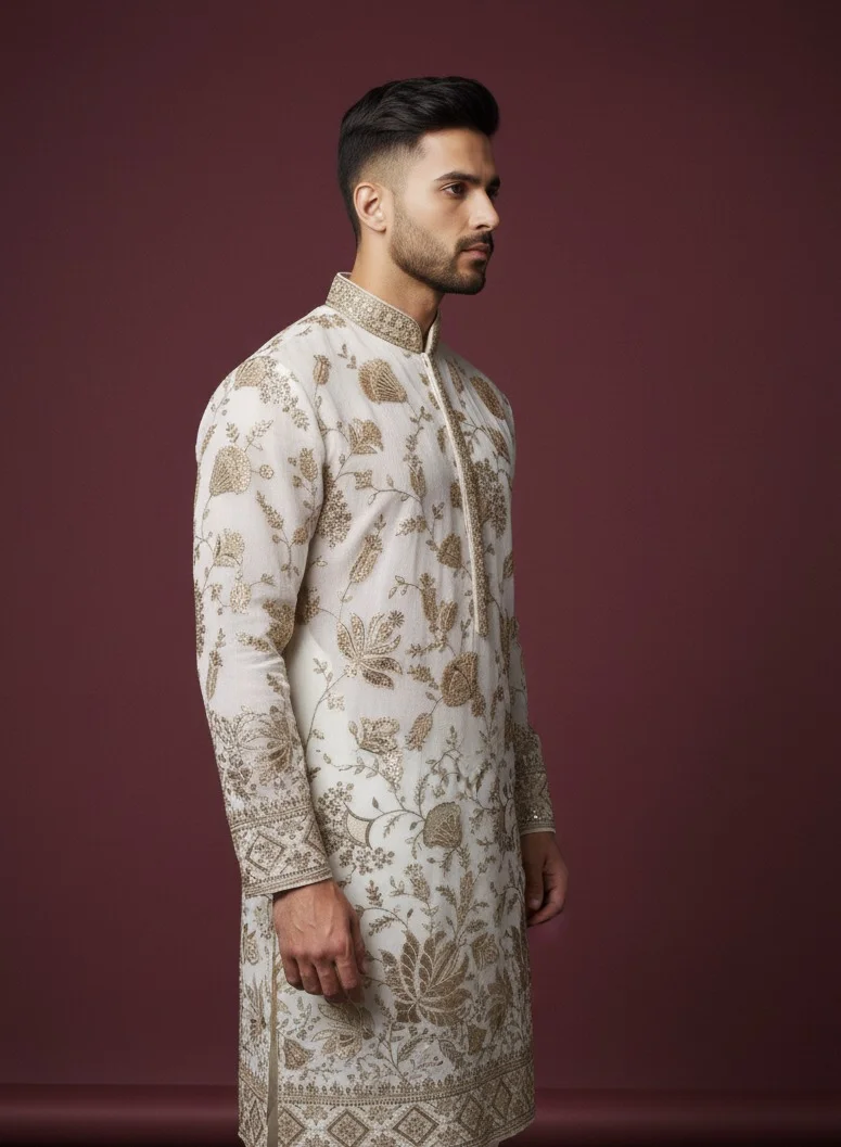 Lehar  Ivory Embroidered Kurta with Golden Zari Detailing for Men | Best Price UAE