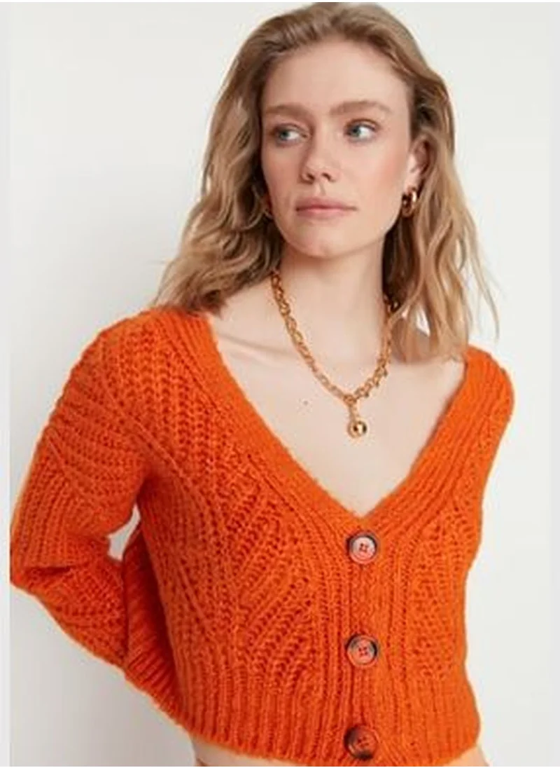 trendyol Orange Super Crop Soft Textured Button Detailed Knitwear Cardigan