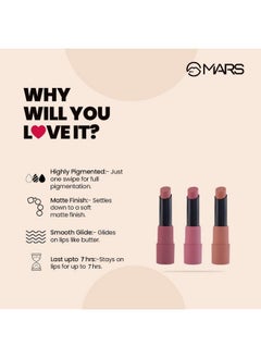 Mars Matte Box Set Of 3 Lipsticks For Women | Long-Lasting | Smooth Finish | Moisturising | One Swipe Pigmentation (3X3.2 Gm) (02-Peaches & Nudes)  - Image 4