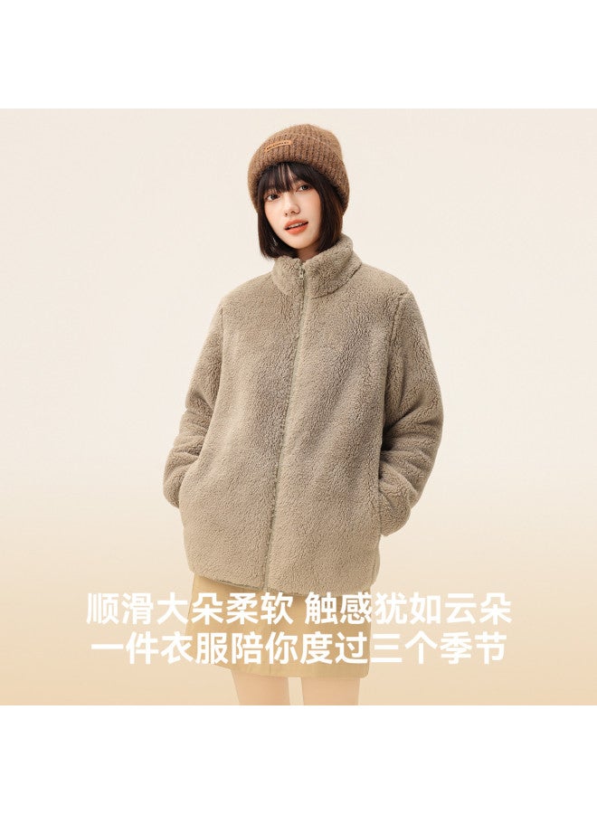 Flying in the snow New Autumn/winter Short Stand Collar Large Pocket Unisex Coral Fleece Jacket - Image 3