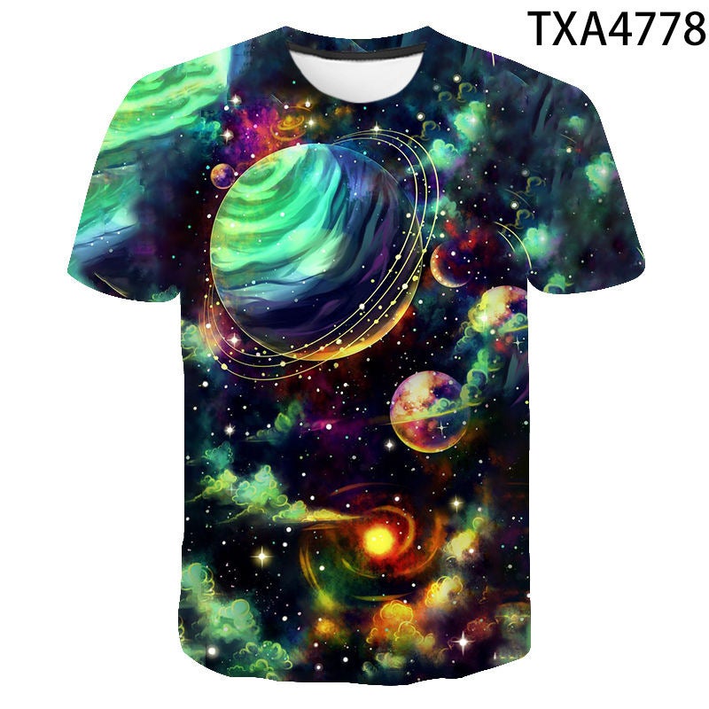 Cross-border Summer Casual All-match Hot New Short-sleeved Starry Sky 3D Digital Printed Round Neck T-shirt for Men and Women - Image 1