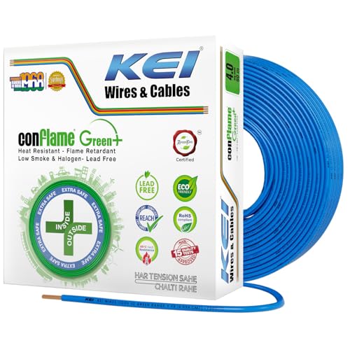 KEI CONFLAME GREEN PLUS 4 sqmm 1 Core Copper Heat Resistant Flame Retardant Low Smoke & Halogen - Lead Free House Wire for Domestic & Industrial Electrical Wiring (Blue, 90 Meters) - Image 1