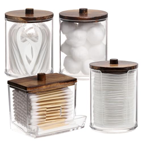 Tbestmax 4 Pack Qtip Holder Dispenser, 10/7oz Bathroom Container for Cotton Ball Cotton Swabs Pads, Apothecary Jar with Wood Lids for Organizer and Storage (Brown) - Image 1