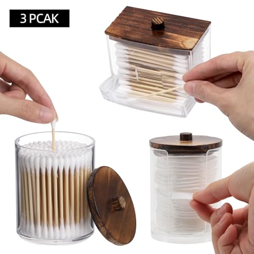 Tbestmax 4 Pack Qtip Holder Dispenser, 10/7oz Bathroom Container for Cotton Ball Cotton Swabs Pads, Apothecary Jar with Wood Lids for Organizer and Storage (Brown) - Image 3