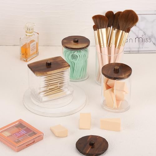 Tbestmax 4 Pack Qtip Holder Dispenser, 10/7oz Bathroom Container for Cotton Ball Cotton Swabs Pads, Apothecary Jar with Wood Lids for Organizer and Storage (Brown) - Image 5