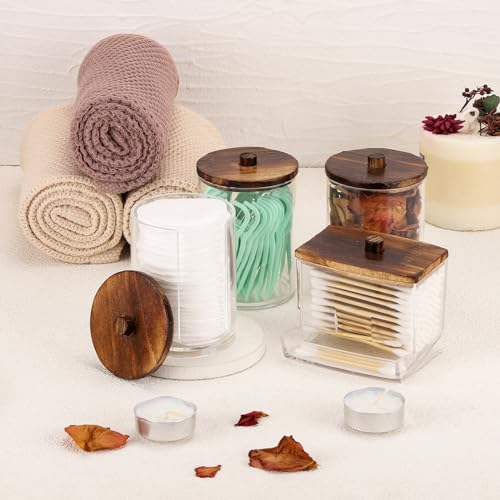 Tbestmax 4 Pack Qtip Holder Dispenser, 10/7oz Bathroom Container for Cotton Ball Cotton Swabs Pads, Apothecary Jar with Wood Lids for Organizer and Storage (Brown) - Image 4
