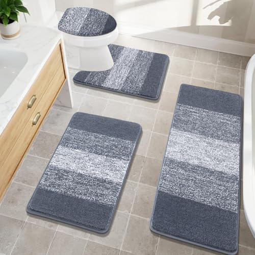 Bsmathom Bathroom Rugs Sets 4 Piece, Soft Absorbent Microfiber Bath Rugs with U-Shaped Contour Toilet Rug and Toilet Lid Cover, Thick Non-Slip Plush Shaggy Bath Mat Set,Dark Gray - Image 1