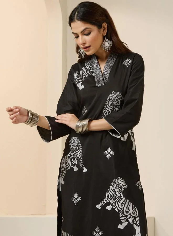 ISHIN  Women'S Black 100% Polyester Embroidered Tunic Full Length Palazzo Straight Fit Kurta Set for Women | Best Price UAE