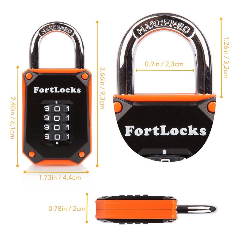 FortLocks Gym Locker Lock - 4 Digit, Heavy Duty, Hardened Stainless Steel, Weatherproof and Outdoor Combination Padlock - Easy to Read Numbers - Resettable and Cut Proof Combo Code - 1 Pack Orange - Image 2