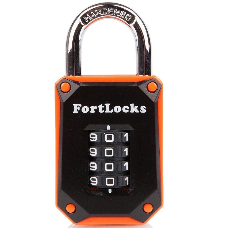 FortLocks Gym Locker Lock - 4 Digit, Heavy Duty, Hardened Stainless Steel, Weatherproof and Outdoor Combination Padlock - Easy to Read Numbers - Resettable and Cut Proof Combo Code - 1 Pack Orange - Image 1