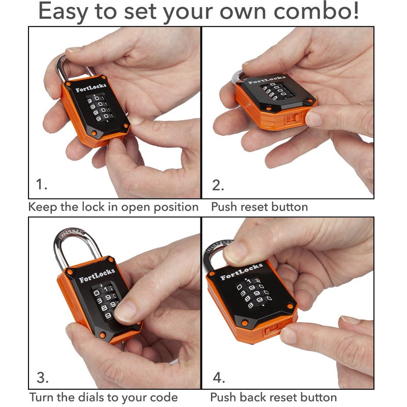 FortLocks Gym Locker Lock - 4 Digit, Heavy Duty, Hardened Stainless Steel, Weatherproof and Outdoor Combination Padlock - Easy to Read Numbers - Resettable and Cut Proof Combo Code - 1 Pack Orange - Image 5