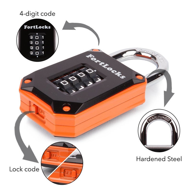 FortLocks Gym Locker Lock - 4 Digit, Heavy Duty, Hardened Stainless Steel, Weatherproof and Outdoor Combination Padlock - Easy to Read Numbers - Resettable and Cut Proof Combo Code - 1 Pack Orange - Image 3