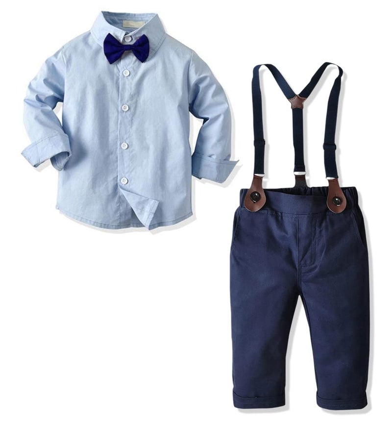 SANGTREE Baby Boys Dress Clothes, Toddlers Boys Long Sleeves Button Down Plaid Dress Shirt with Bowtie + Suspender Pants Set Wedding Outfit, Light Blue Blue, Tag 70 = 9-12 Months - Image 1