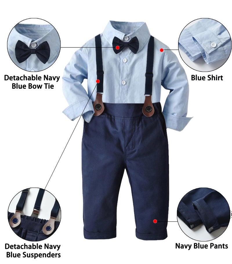 SANGTREE Baby Boys Dress Clothes, Toddlers Boys Long Sleeves Button Down Plaid Dress Shirt with Bowtie + Suspender Pants Set Wedding Outfit, Light Blue Blue, Tag 70 = 9-12 Months - Image 2