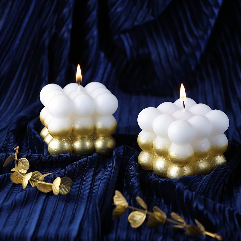 PROSPERRO LUMO by Parkash Candles Paraffin Wax Golden Lacqeur Bubble Cube Candle Set of 2 (Golden) - Image 5