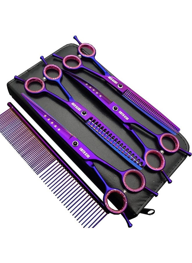 Smithking 7.0 Inches Professional Dog Grooming Scissors Set Straight & Thinning & Curved & Chunkers & Comb 5Pcs In 1 Set For LeftHanded & Right Handed - Image 1