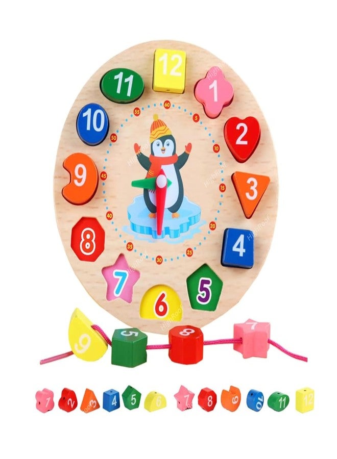 HighRoof Wooden Learning Clock Board Number Lacing Toy Shape Sorting Matching Puzzle Travel Time Montessori Educational Toys for Kids/Toddlers (Round Number Lacing Toy Clock) - Image 1