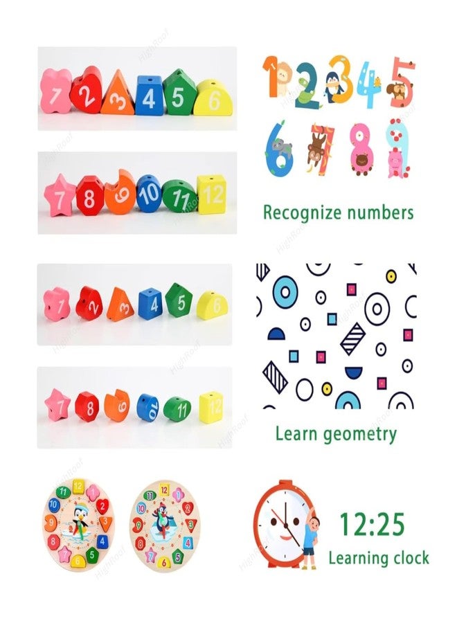 HighRoof Wooden Learning Clock Board Number Lacing Toy Shape Sorting Matching Puzzle Travel Time Montessori Educational Toys for Kids/Toddlers (Round Number Lacing Toy Clock) - Image 5