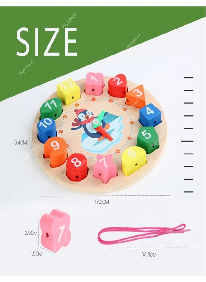 HighRoof Wooden Learning Clock Board Number Lacing Toy Shape Sorting Matching Puzzle Travel Time Montessori Educational Toys for Kids/Toddlers (Round Number Lacing Toy Clock) - Image 3