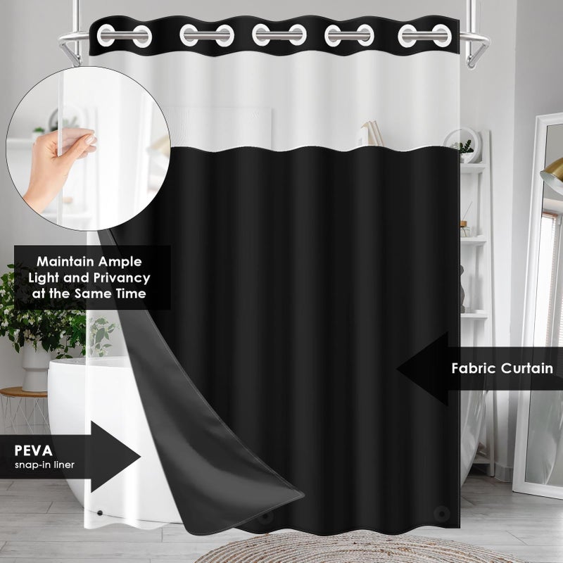 Nesphy No Hook Black Shower Curtain with Snap-in PEVA Liner Set, Modern Design Hotel Style with See Through Top Window Double Layers Waterproof Bath Curtain 71x74 Inch - Image 4