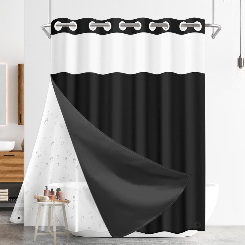 Nesphy No Hook Black Shower Curtain with Snap-in PEVA Liner Set, Modern Design Hotel Style with See Through Top Window Double Layers Waterproof Bath Curtain 71x74 Inch - Image 1