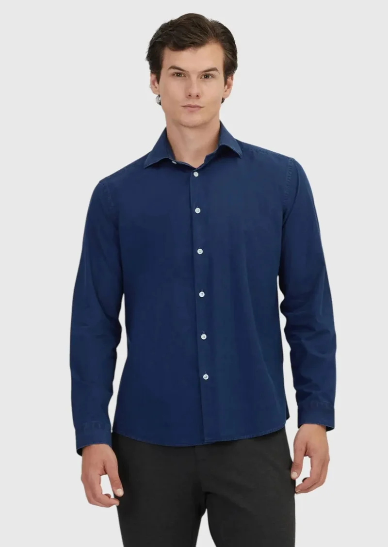RAMSEY Indigo Plain Casual Fit Weaving Casual 100% Cotton Shirt