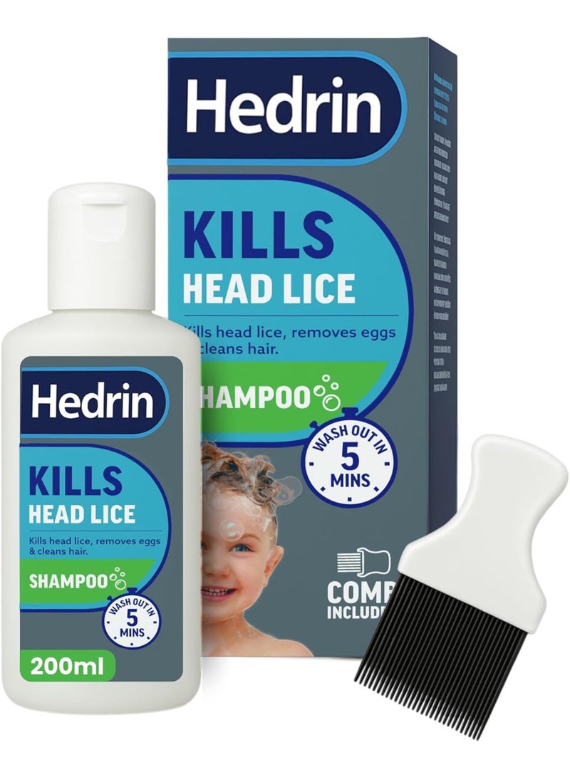 Hedrin مجموعة شامبو ومشط للقمل، تقتل القمل والبيض في 5 دقائق، مختبر سريرياً، مناسب للبالغين والأطفال، 200 مل (8 × 25 مل علاج) - Image 1