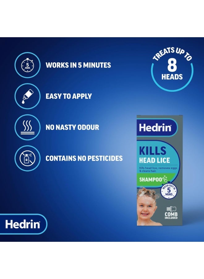 Hedrin مجموعة شامبو ومشط للقمل، تقتل القمل والبيض في 5 دقائق، مختبر سريرياً، مناسب للبالغين والأطفال، 200 مل (8 × 25 مل علاج) - Image 2