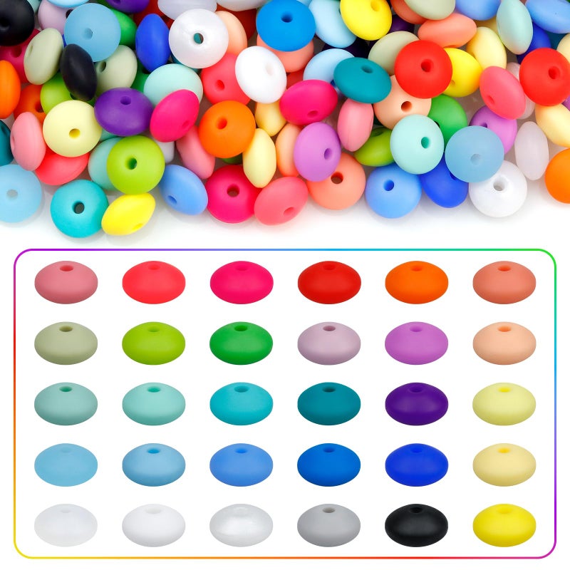 180PCS FIVEIZERO Silicone Lentil Beads12mm 30 Colors Silicone Abacus Beads Bulk Loose Spacer Jewelry Beads Colorful DIY Lanyard Beads for Making Necklace Keychain Accessories