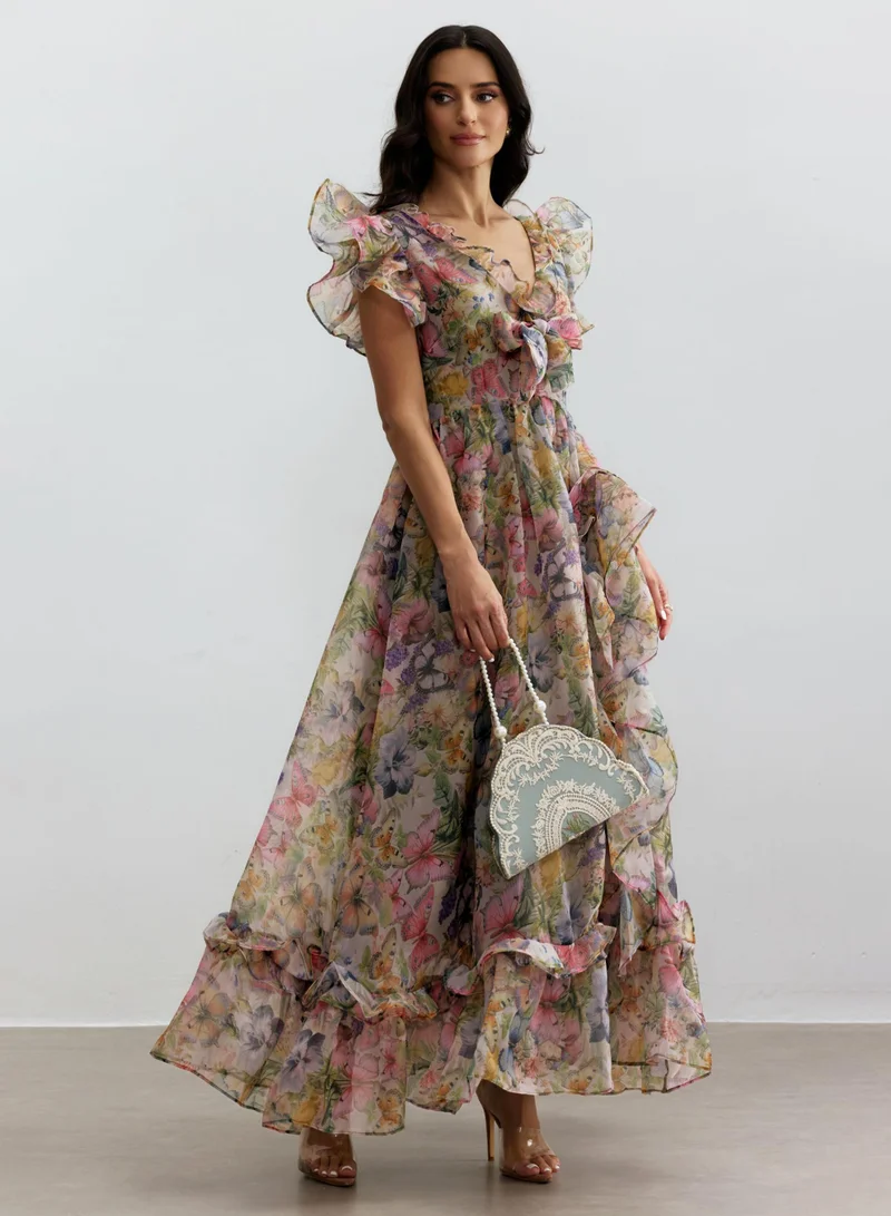 Sunfere Sarah Butterfly Print Ruffle Chiffon Maxi Dress