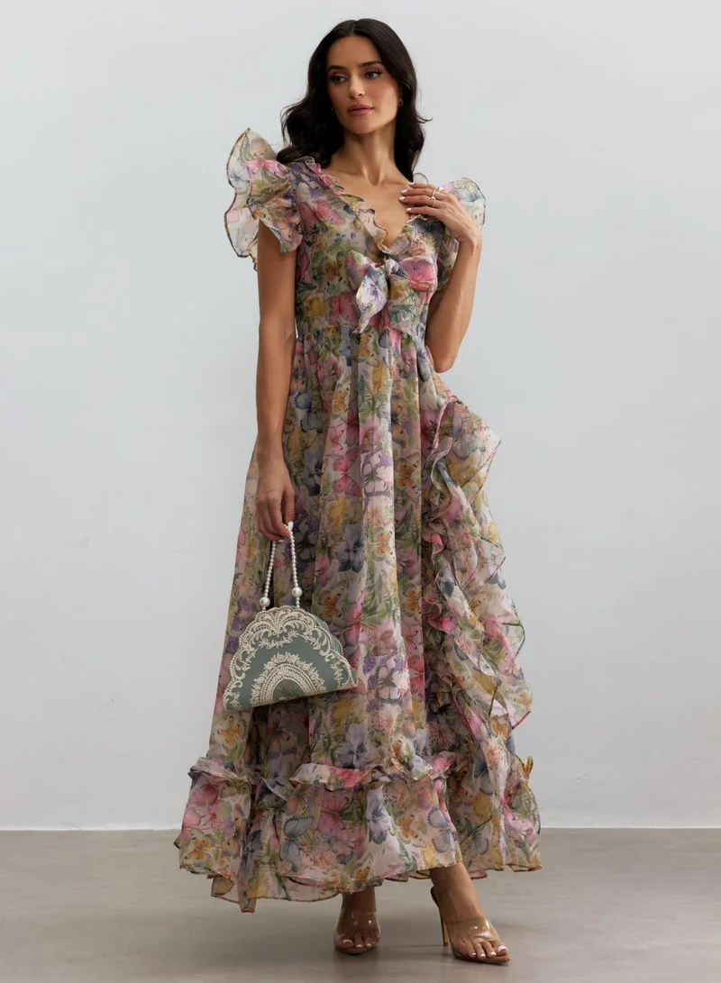 Sunfere Sarah Butterfly Print Ruffle Chiffon Maxi Dress