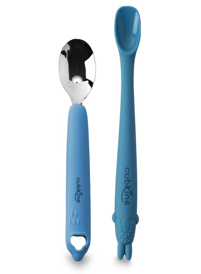 Cubkins Steel Head Spoon with Early Feeding Bendable Training Spoon for Feeding Baby | Non Toxic, Food Safe and BPA Free | Washable and Reusable (Blue Olive) - Image 1