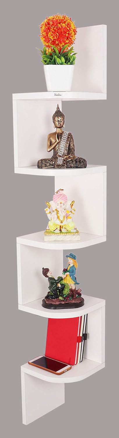 Madhuran Zigzag Engineered Wood Wall Mounted Decorative Corner Shelf Set of 5 MatteWhite Lving Room Bathroom Kitchen Bedroom Accessories Storage Shelves Racks