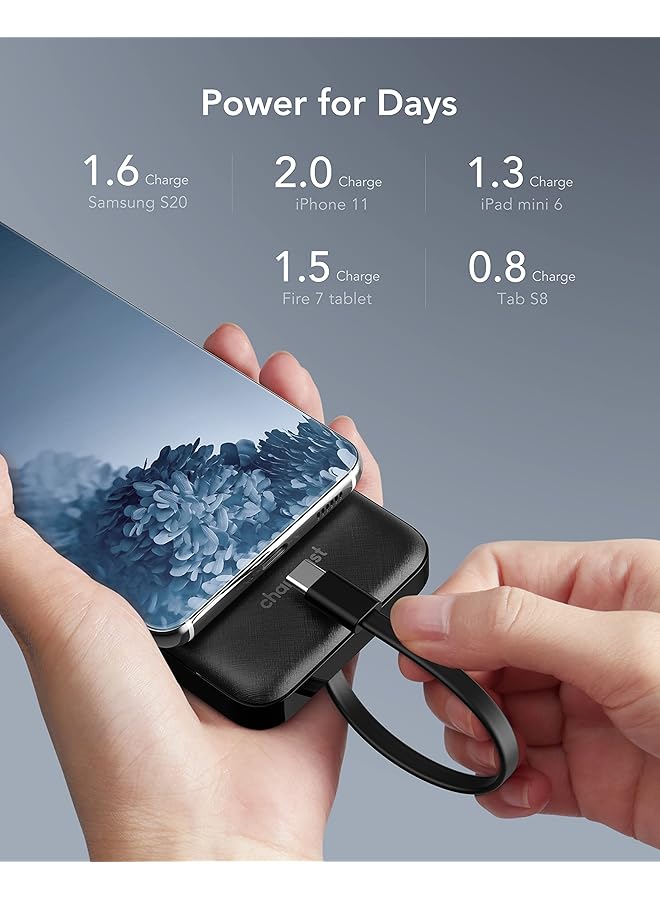 تشاماست باور بانك مع كابل مدمج 10000 مللي أمبير في الساعة، بطارية يو إس بي سي، 6 مخرجات، مدخلين، مع شاشة LED، باور بانك من النوع سي، شاحن محمول متوافق مع الهواتف الذكية والأجهزة اللوحية والمزيد - Image 5