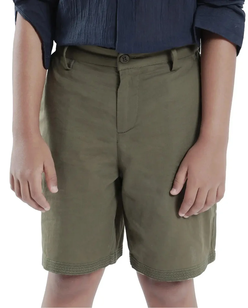 Rare Ones Rare Ones Kids Kyte-B Olive Cotton Button And Zip Closure Solid Regular Fit Shorts