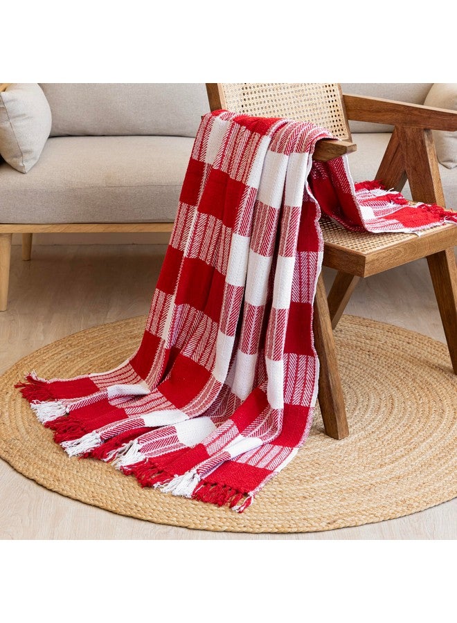 HOMEMONDE HOMEMONDE Cotton Throw for Sofa and Couch Luxury Hand Knitted Soft 50 x 60 Inch Throw Blanket - (Buffalo Red Checks)| TC - 200 - Image 3