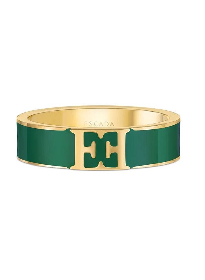 ESCADA Scarlett Gold Plated Ring with Logo Cutout and Green Enamel Detail