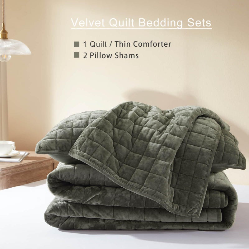 LEAONME Velvet Quilt California King-118''x106'', Lightweight Olive Green Velvet Comforter Set with 2 Pillow Shams, Soft Oversized Bedspread Coverlet Quilted Bedding Set for All Season - Image 5