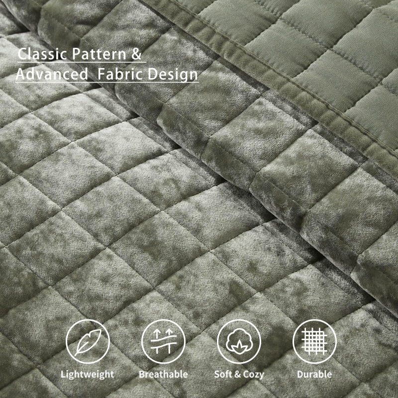 LEAONME Velvet Quilt California King-118''x106'', Lightweight Olive Green Velvet Comforter Set with 2 Pillow Shams, Soft Oversized Bedspread Coverlet Quilted Bedding Set for All Season - Image 4