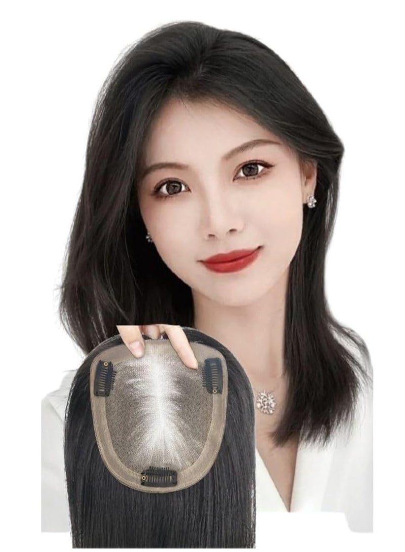 إستيل قاعدة حريرية من الشعر البشري، مشابك في قطع الشعر، غطاء مستقيم، تساقط الشعر الأبيض للنساء، شعر ريمي أسود (غطاء أسود طبيعي 7X10) - Image 1