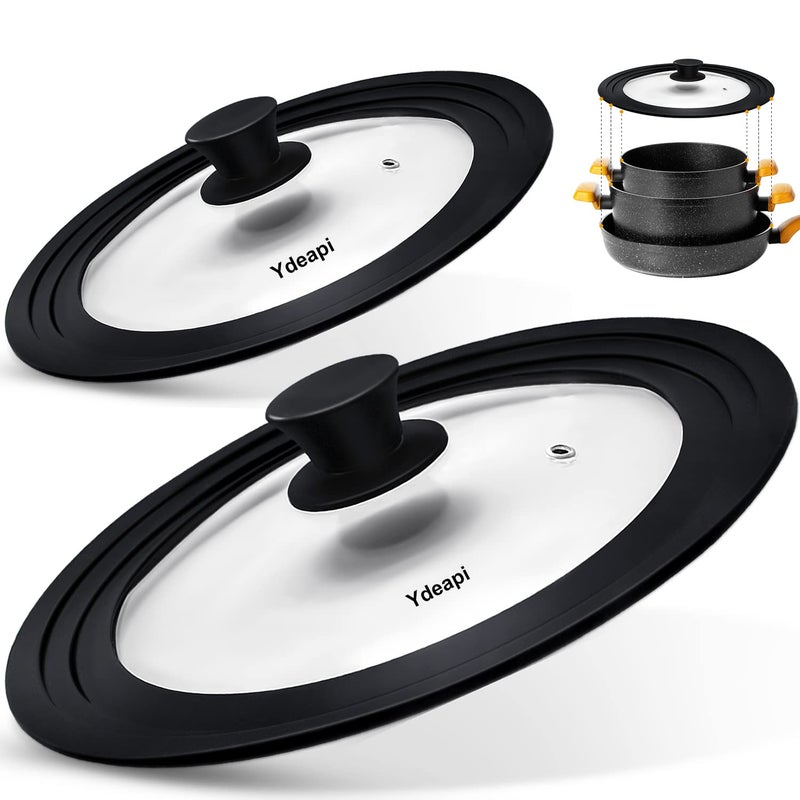 Ydeapi Universal Lids for Pots Pans  Skillets  Fits 7 8  9 Diameter 10 11  12 Diameter Cookware Tempered Glass with High Heat Resistant Silicone Rim 2PK
