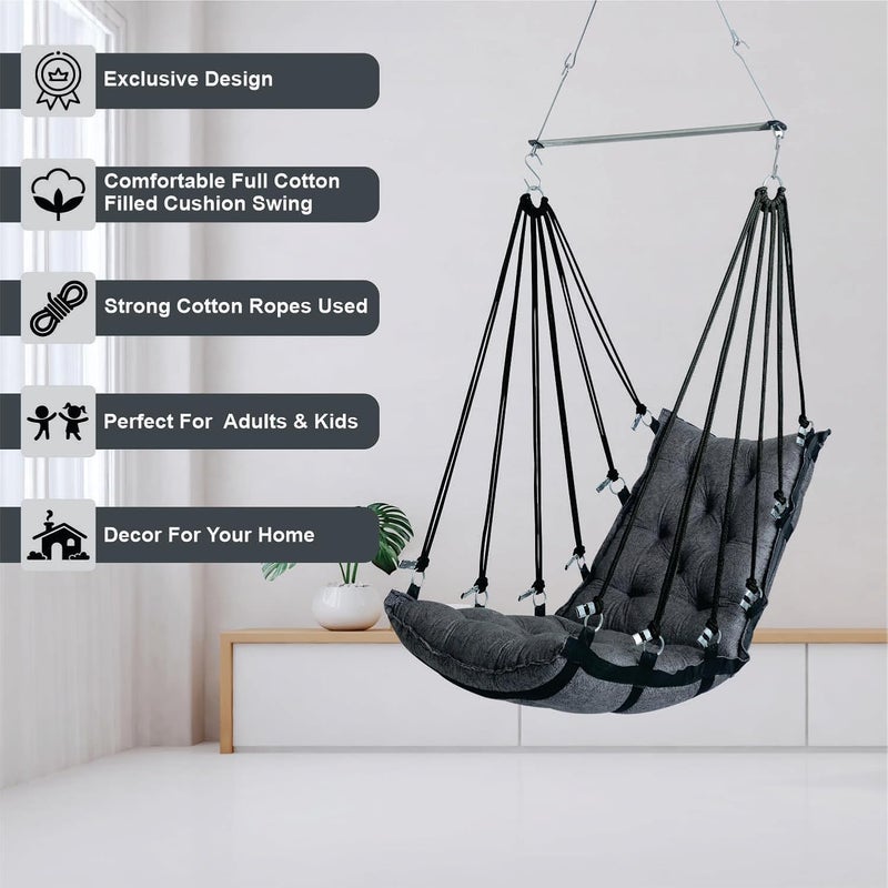 JULJULIA Hammock Swing Hanging Chair uyyala jula for Adult Kids Indoor Outdoor Balcony Sturdy Cotton Weave Max 200 kgs HVY Grey DN6 - Image 5