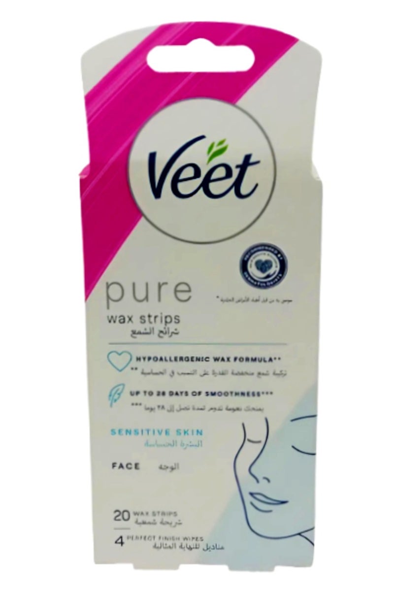 Veet Pure Wax Strips for Sensitive Skin For Face 20 Strips + 4 Wipes