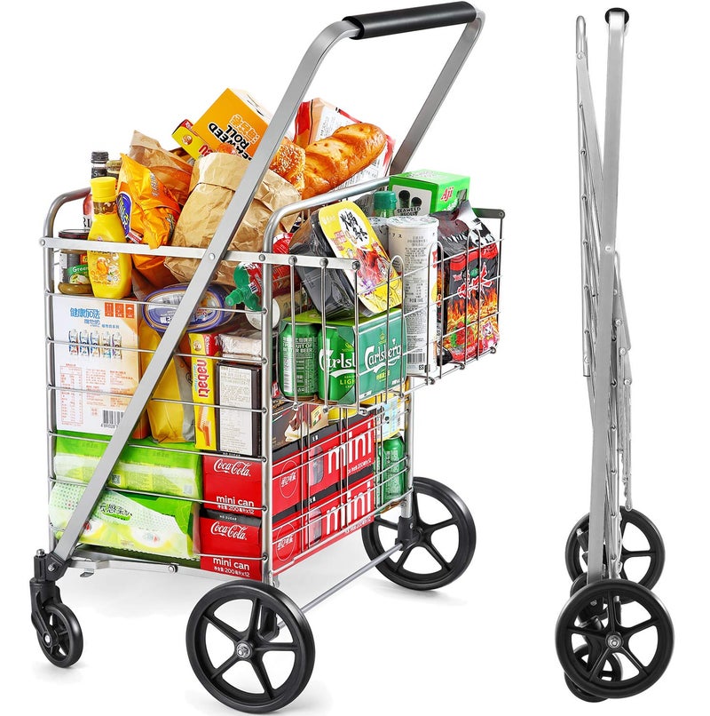 Wellmax Folding Metal Grocery Cart Portable Shopping Cart with Extra Basket Dual Swivel Design Heavy Duty with Mesh Bottom Holds Up to 160 lbs Silver