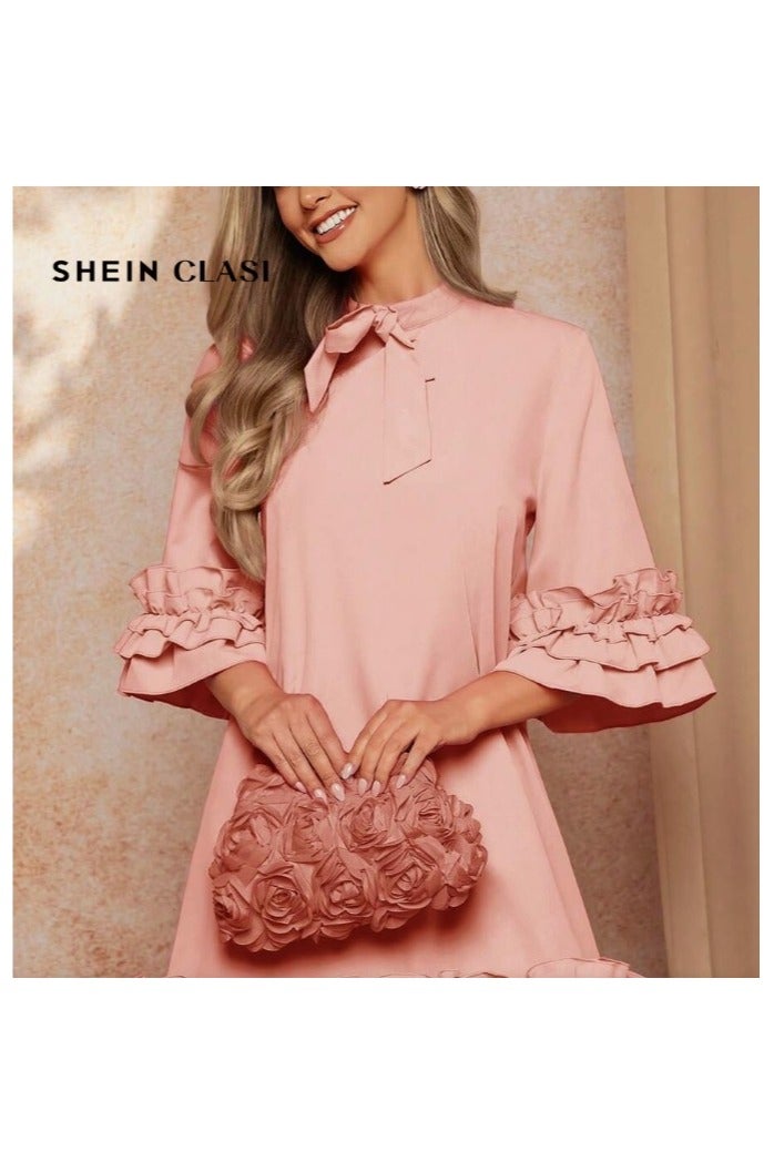 Shein SHEIN Clasi Women's Elegant Tie Neck 3/4 Sleeve Ruffle Layered Dress  - Image 1