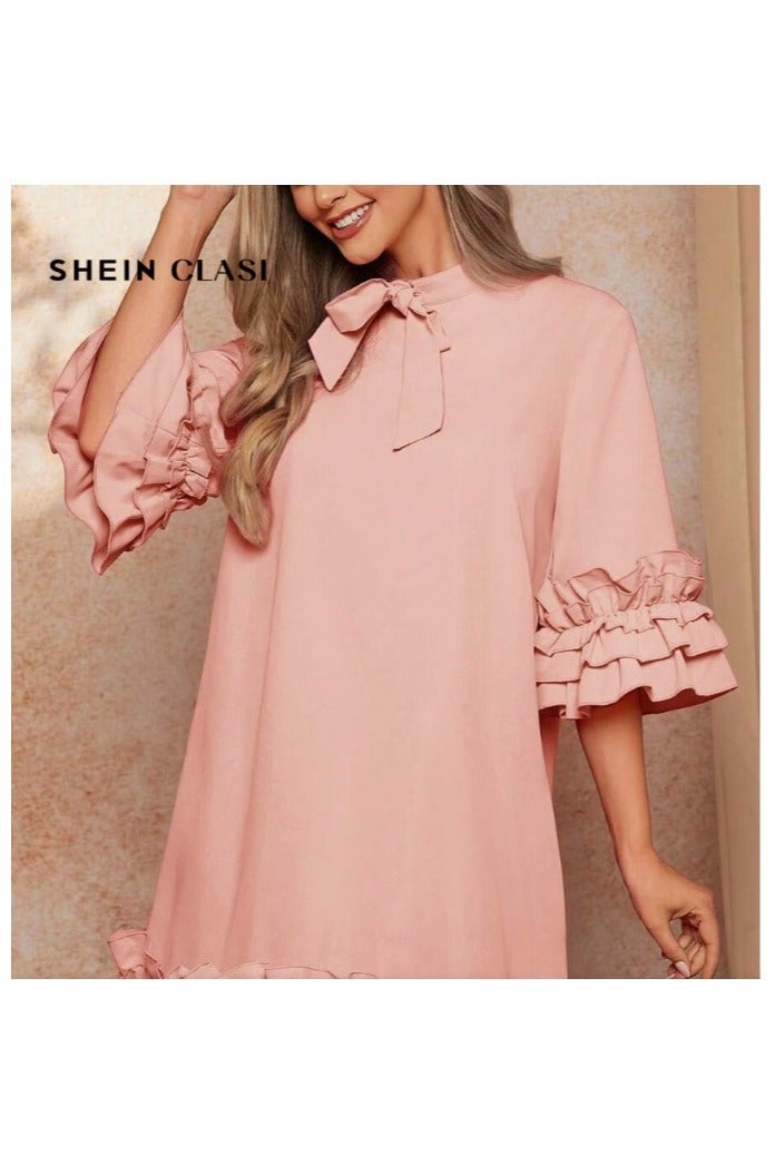 Shein SHEIN Clasi Women's Elegant Tie Neck 3/4 Sleeve Ruffle Layered Dress  - Image 3