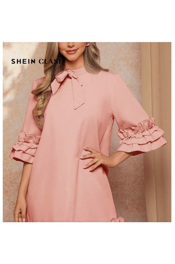 Shein SHEIN Clasi Women's Elegant Tie Neck 3/4 Sleeve Ruffle Layered Dress  - Image 4
