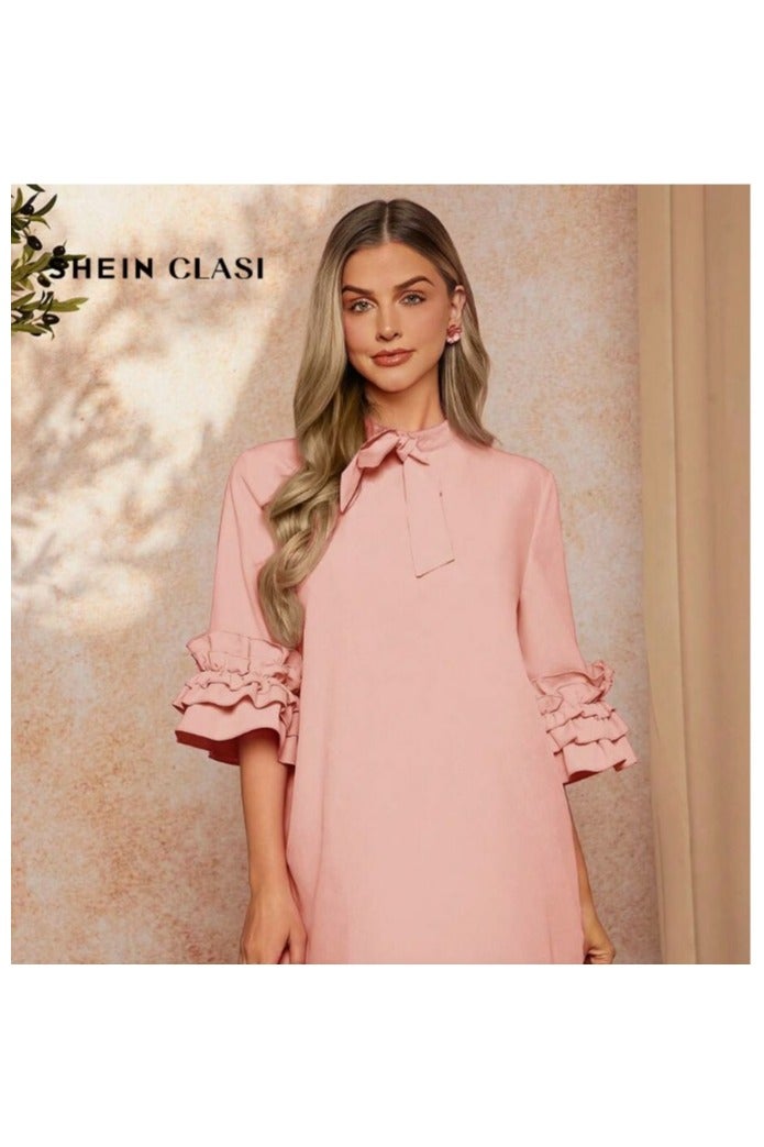 Shein SHEIN Clasi Women's Elegant Tie Neck 3/4 Sleeve Ruffle Layered Dress  - Image 5
